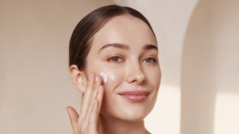 Žena nanosi hidrantu kremu na lice