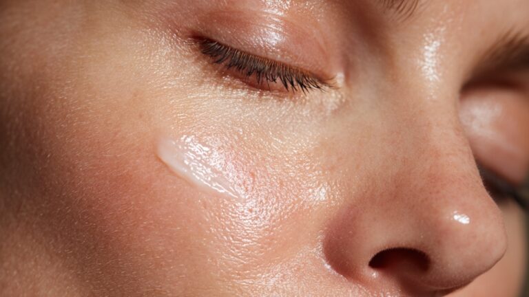 Blizak kadar lica sa zatvorenim očima i nanetom kremom za zatezanje lica na obraz