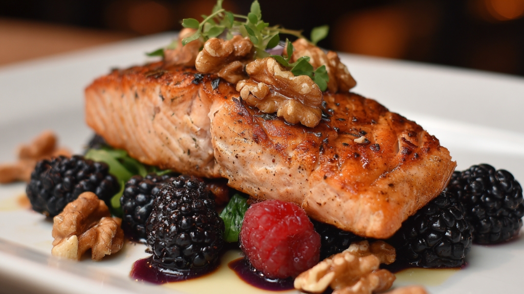 Sočan file od lososa sa orasima i bobičastim voćem na tanjiru