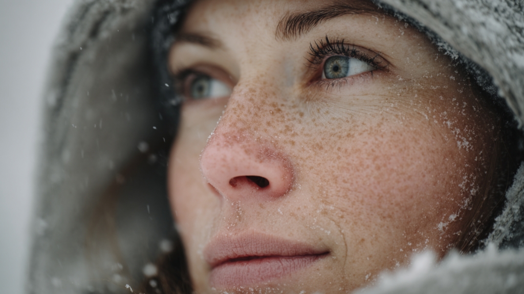 Žena sa suvom i osetljivom kožom lica izbliza napolju na snegu