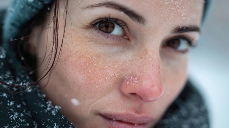 Žena sa suvom i osetljivom kožom izbliza na snegu