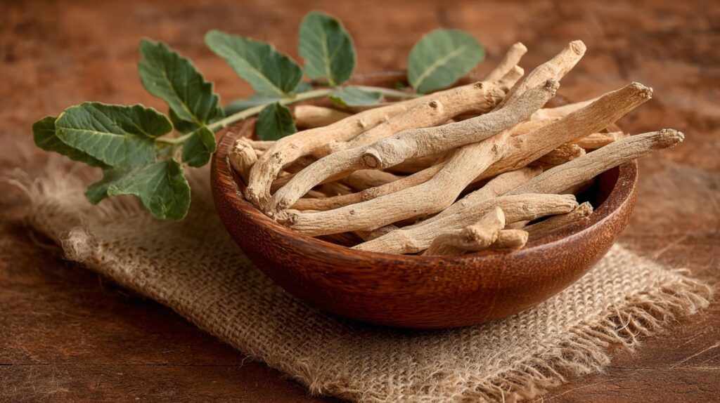 Koren ašvagande sa listovima u drvenoj činiji na prirodnoj podlozi