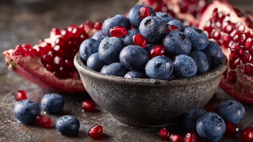Borovnice u činiji sa zrnevljem nara raspoređenim oko nje na stolu