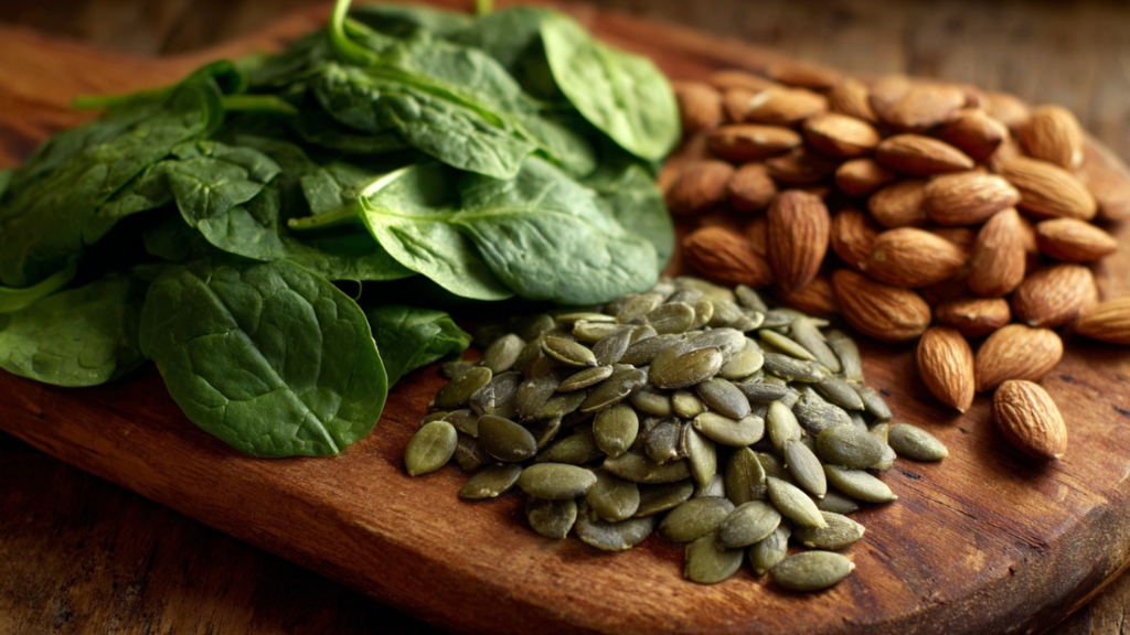 Svež spanać, semenke bundeve i bademi raspoređeni na drvenoj dasci