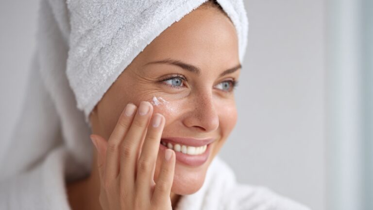 Žena sa peškirom na glavi nanosi kremu na lice i osmehuje se dok gleda u ogledalo