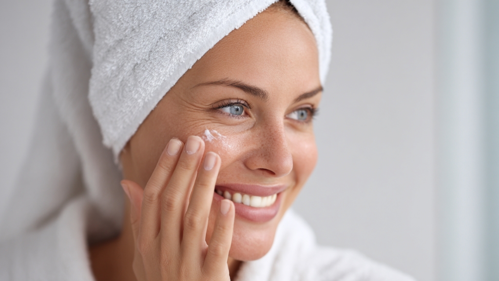 Žena sa peškirom na glavi nanosi kremu na lice i osmehuje se dok gleda u ogledalo