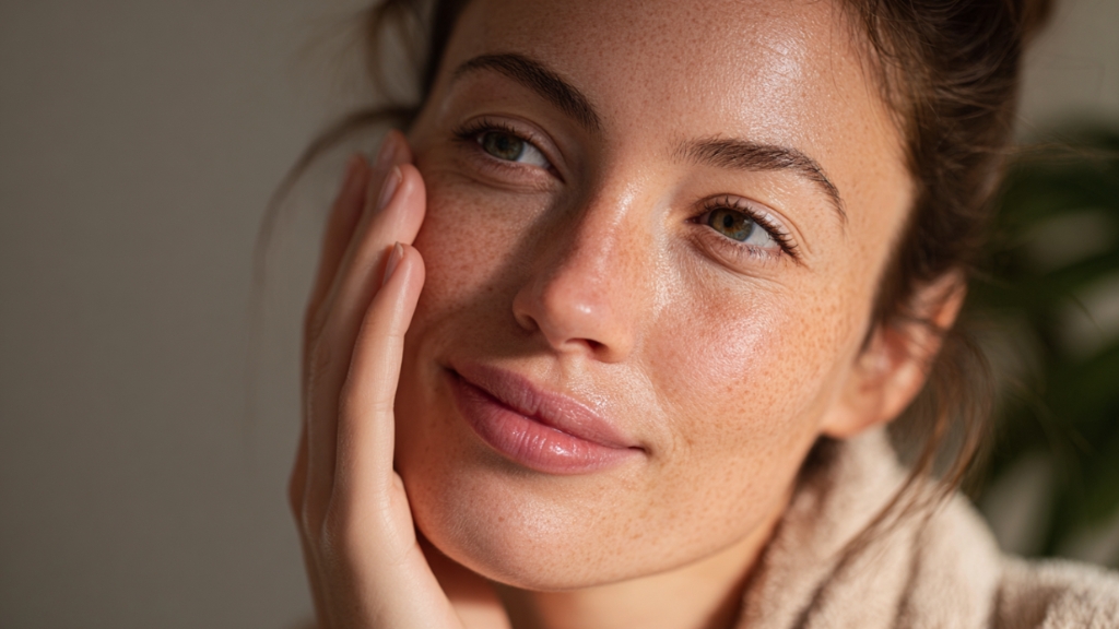 Prirodno lice žene sa pegicama koja nežno dodiruje obraz i ima zdrav, blistav ten