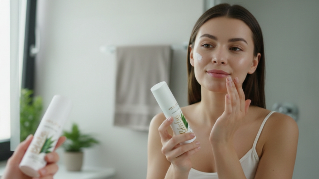 Žena ispred ogledala nanosi hidratantnu kremu na lice