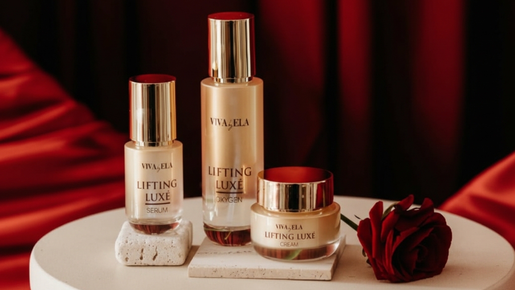 VIVA Luxe Anti-Age Set 30+ sa serumom, aktivnim kiseonikom i kremom u elegantnom pakovanju na crvenoj pozadini uz crvenu ružu