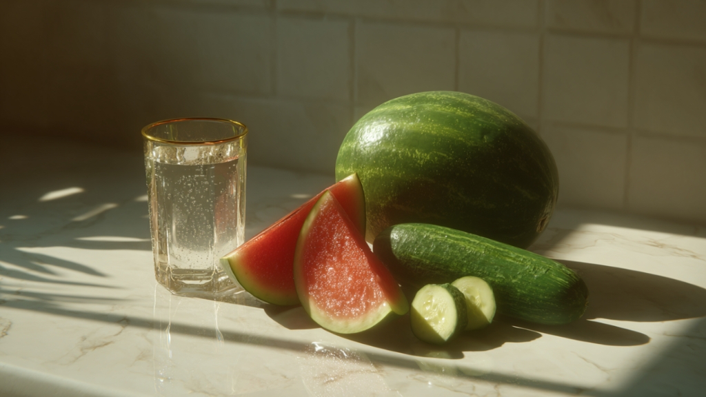 Lubenica i krastavac na kuhinjskom stolu pored čaše vode