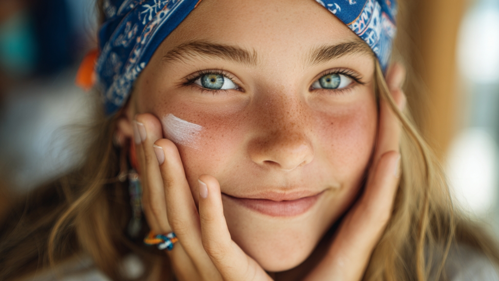 Devojčica nanosi SPF kremu na lice