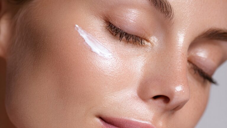 Žena nanosi kremu sa pantenolom (B5) za lice na obraz kako bi umirila i hidrirala kožu