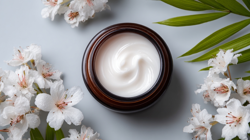 Teglica kreme sa pantenolom (B5) za lice okružena cvetovima