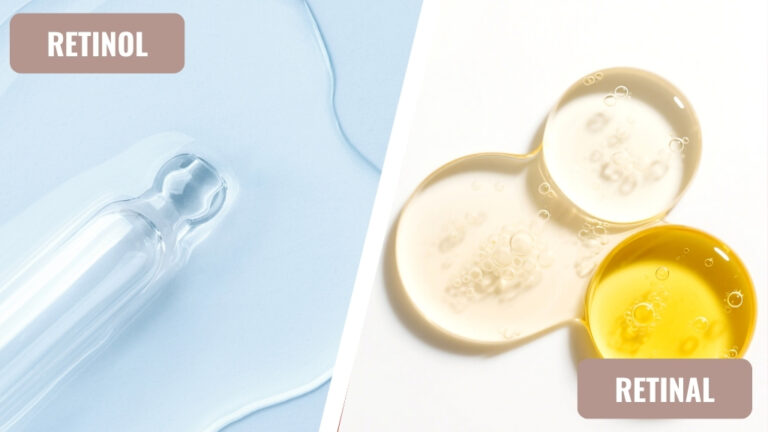 Bočica sa retinolom i teksture seruma retinala prikazane kao poređenje retinol ili retinal