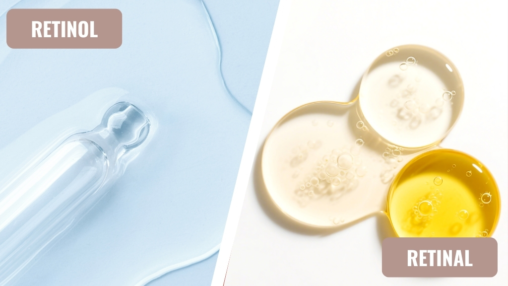 Bočica sa retinolom i teksture seruma retinala prikazane kao poređenje retinol ili retinal