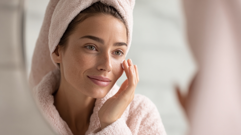 Žena sa peškirom na glavi nanosi kremu na lice ispred ogledala