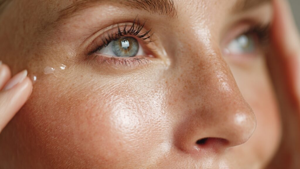 Krupan plan kože lica sa nanetim serumom koji daje sjajan i zaglađen izgled