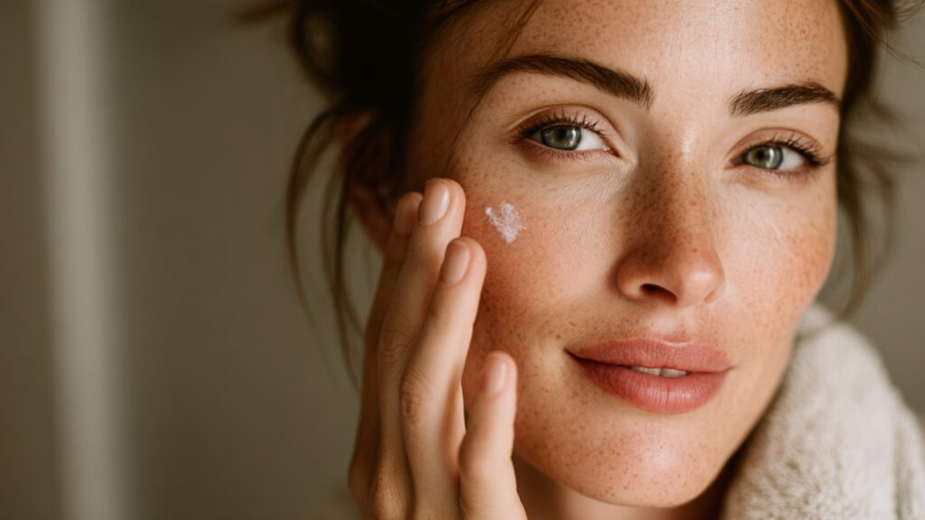 Žena nanosi kremu na obraz, a koža izgleda zdravo, glatko i prirodno blistavo