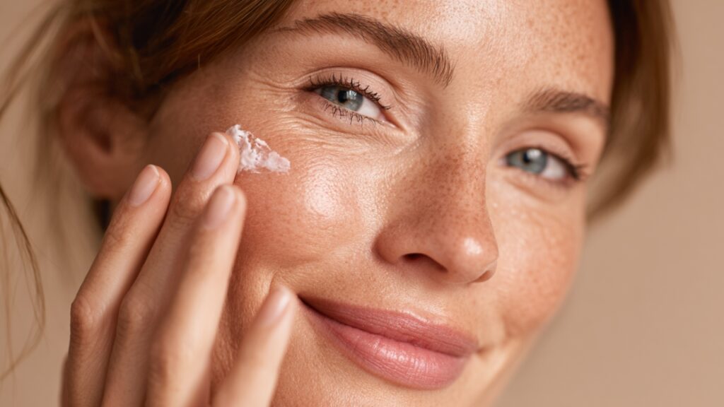 Žena nanosi kremu na obraz, a koža izgleda hidrirano, glatko i prirodno blistavo