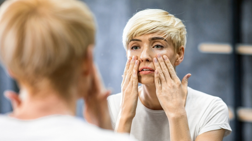 Žena pred ogledalom dodiruje lice i primećuje promene na koži izazvane zagađenjem