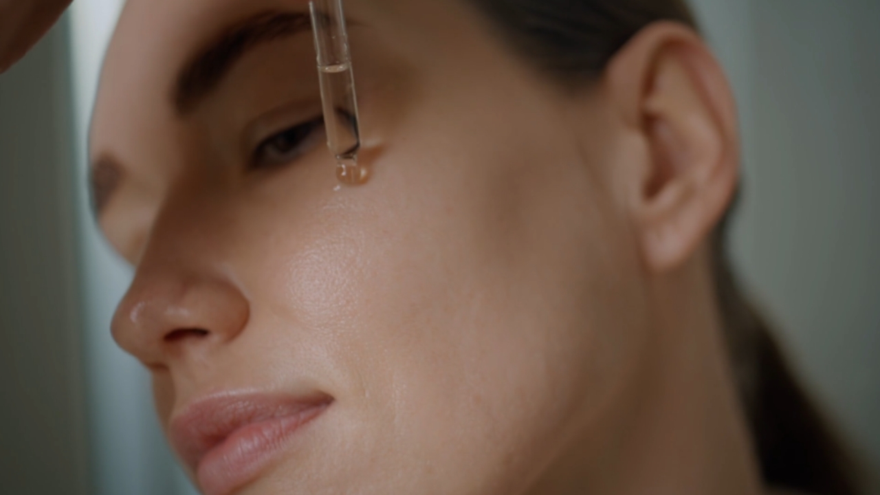 Žena nanosi serum pipetom na lice tokom jutarnje skincare rutine.