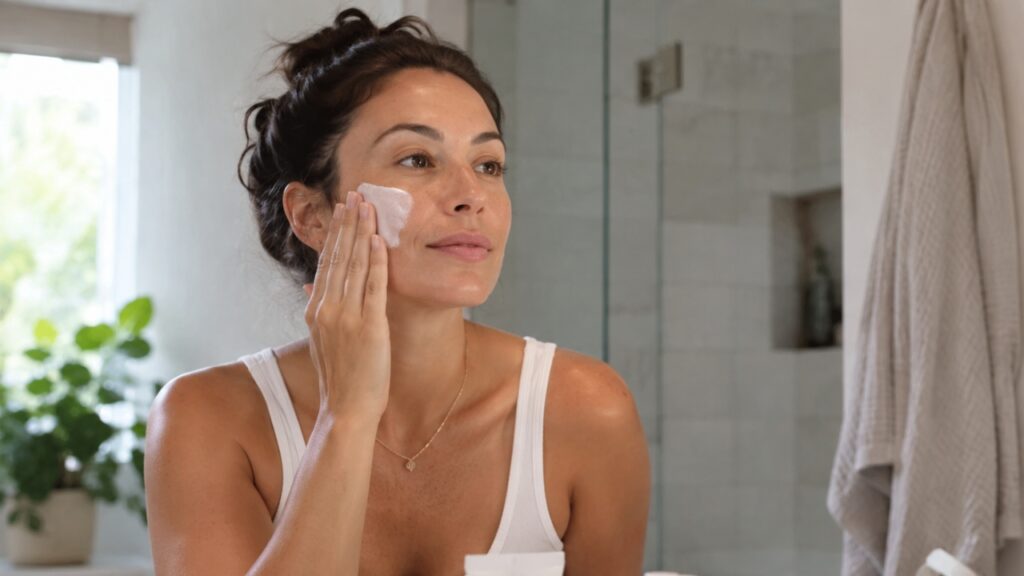 Žena nanosi SPF kremu na lice tokom jutarnje skincare rutine.